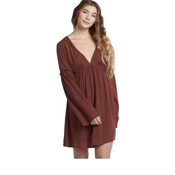 Roxy Rust Pin Dot Beachcomber V-Neck Dress - Juniors Bell‎ Sleeves Size XSmall - Picture 1 of 16